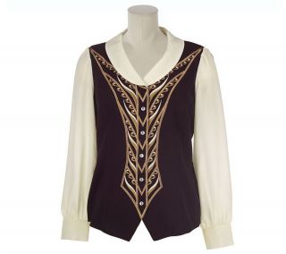 Bob Mackies Stretch Embroidered Weskit Blouse —
