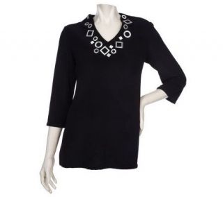 Susan Graver Lustra Knit Tunic Top with Geometric Accent —