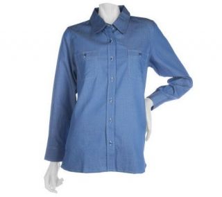 Susan Graver Chambray Button Front Big Shirt with Contrast Stitch 