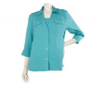 Denim & Co. 3/4 Sleeve Stretch Crinkle Gauze Shirt with Inset   A80234