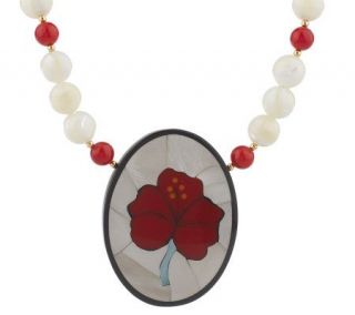 Lee Sands Hibiscus Flower Inlay Pendant & Gemstone Bead 20 Necklace 
