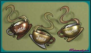 Metal Coffee Cup Mug Kitchen Mocha Java Latte Wall Art Set Decor 3 PC