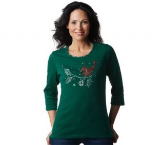 Quacker Factory Sparkle & Shine Winter Cardinal Knit T shirt