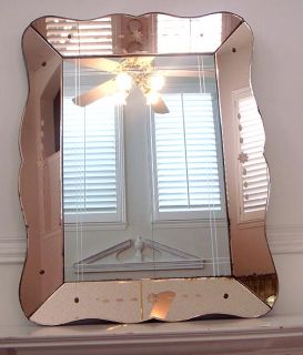 Antique Art Deco Colored Etched Glass Picture Frame Beveled Mirror