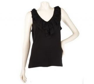 Susan Graver Liquid Knit Sleeveless Top with Lace Ruffled Neck