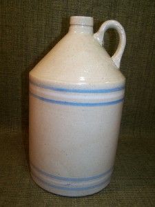 LG Antique Early 1900s Salt Glazed Stoneware Crock Jug w Blue White