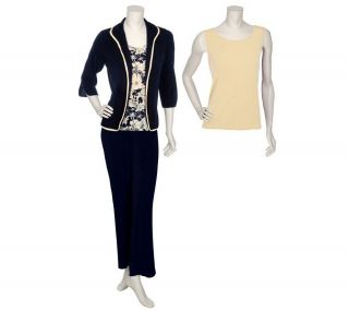 Citiknits Contrast Trim Open Front Jacket, 2 Tanks and Pants Set