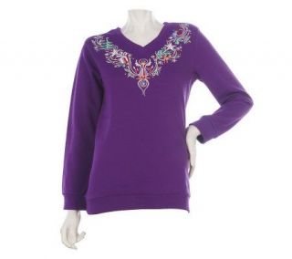 Bob Mackies Holiday Embroidered French Terry V neck Top —
