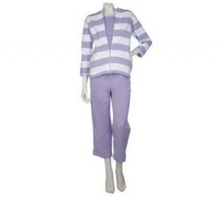 Sport Savvy 3/4 Sleeve Striped Jacket, Solid T shirt, and Crop Pants 