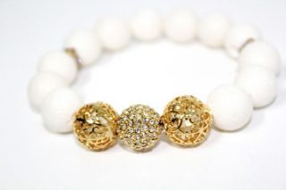 New White Coral Gold Crystal Gemstone Beads Charms Bangle Bracelet