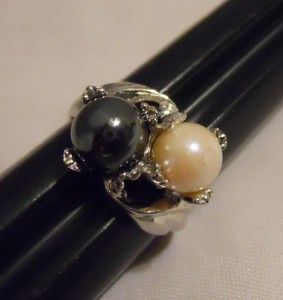 Vintage Clark Coombs Silvertone Black Pink Pearl Ring Size 5 5
