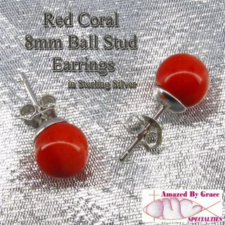 sterling silver red coral 8mm ball stud earrings