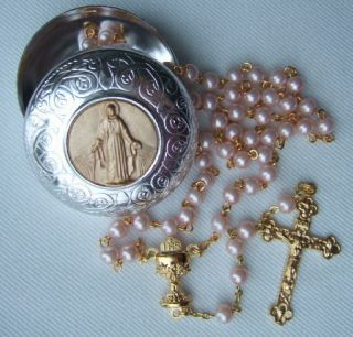 Catholic Rosary PINK Pearl w/ Communion Chalice center medal + vintage