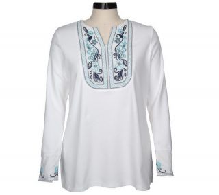 Denim & Co. Long Sleeve Split Neck Tunic with Embroidery —