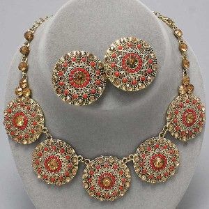 Chunky Gold Tone Coral & Lite Topaz Crystal Round Design Statement