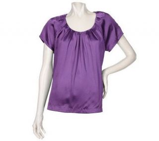 Susan Graver Charmeuse Pleated Front Short Sleeve Blouse —