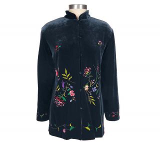 Susan Graver Stretch Velvet Embroidered Mandarin Collar Jacket