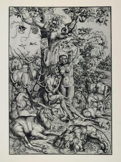  Adam Eve Apple Tree Serpent Cranach Woodcut ORIGINAL HISTORIC IMAGE