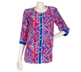 Bob Mackies Deco Flower Silk Camp Shirt with Contrast Trim —