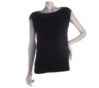 Susan Graver Liquid Knit Cap Sleeve Top with Ruched Shoulders