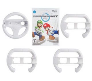 Wii Mario Kart Kit with Game and 4 Racing Wheels —