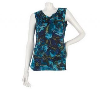 Susan Graver Floral Print Ruffle Front Mesh Tank with Sparkles
