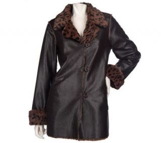 Dennis Basso Reversible Faux Leather & Faux Leopard Fur Coat