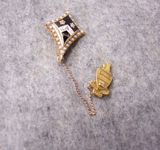 Sorority Pin & Small Pin on Chain 10K Gold Pearls 1933 Kappa Alpha
