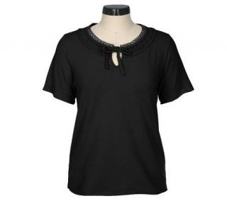 Susan Graver Stretch T shirt w/Chiffon Inset and Embroidered Neckline 