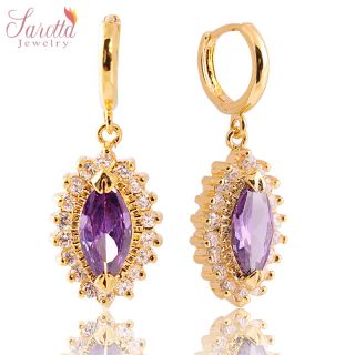 Fashion Jewelry Lady Purple Amethyst Yellow Gold GP Dangle Hoop