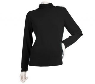 Susan Graver Liquid Knit Turtleneck with Ruching and Jewel Buttons