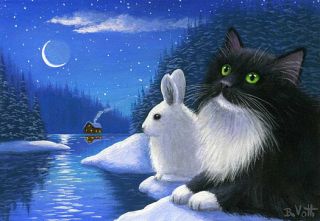Tuxedo Cat Bunny Winter Snow Crescent Moon Lake Original ACEO Painting