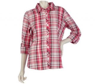 Denim & Co. Roll Sleeve Button Front Plaid Shirt —
