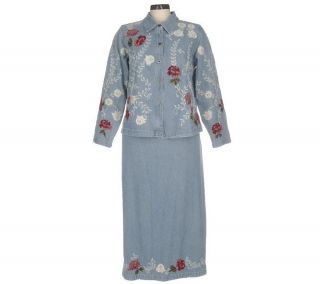 Denim & Co. Lace Applique & Embroidered Denim Jacket & Skirt Set