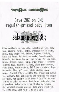 Toys R Us Babies R Us Coupon 20% Not Card Exp 12/01/12 Fast Free