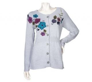 Denim & Co. Button Front Cardigan with Applique and Ribbed Detail 