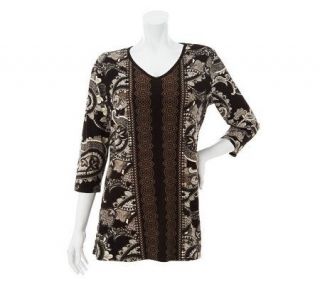 Susan Graver Printed Liquid Knit Tunic with Solid V neck Trim 