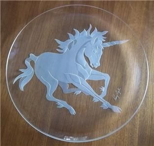 Master Glass Artist Perry Coyle Deep Etched Unicorn Decorative Art