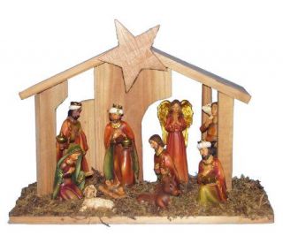 Nativity Set with Wooden Stable and 10 Figures —