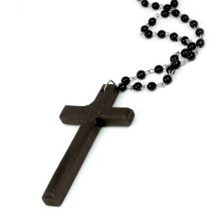  Beads Cool Wooden Cross Pendant Long Beaded Necklace Chain New