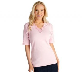 Susan Graver Stretch Cotton Elbow Sleeve Top with Lace and Rhinestones 