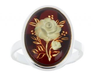 Carved Oval Baltic Amber Floral Design Sterling Ring   J268705