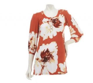 Susan Graver Jersey Knit Floral Print Henley Top with Shirring