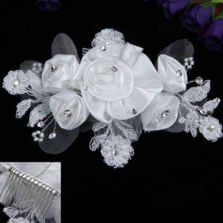Organza Flower Pearl Rhinestone Crystal Bridal Wedding Tiara Hair Comb