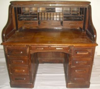  1890s Raised Panel Golden Oak s Roll Top Desk