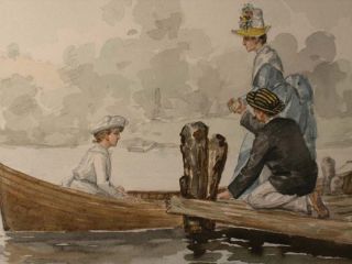 Victorian Lake Boat Party Scene Pier Watercolor Painting Signed Curran