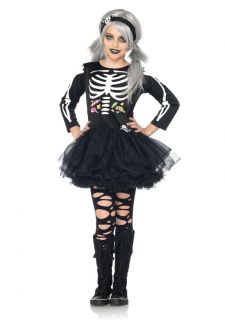 C48197 2pc Scary Skeleton Dress Cute Girls Kids Halloween Costume