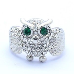  Crystals Clear Animal Cute Owl Cocktail Ring 8# W/ Green Eye