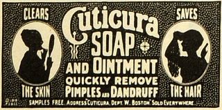 1918 Ad Cuticura Soap Ointment Remedy Medication Pimples Dandruff Hair
