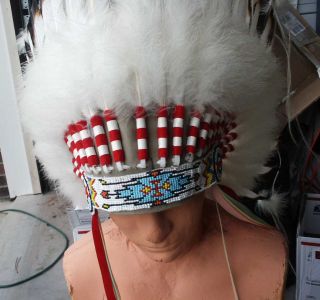 Crow Indian Feather Head Dress Beaded from Crow reservation in Montana